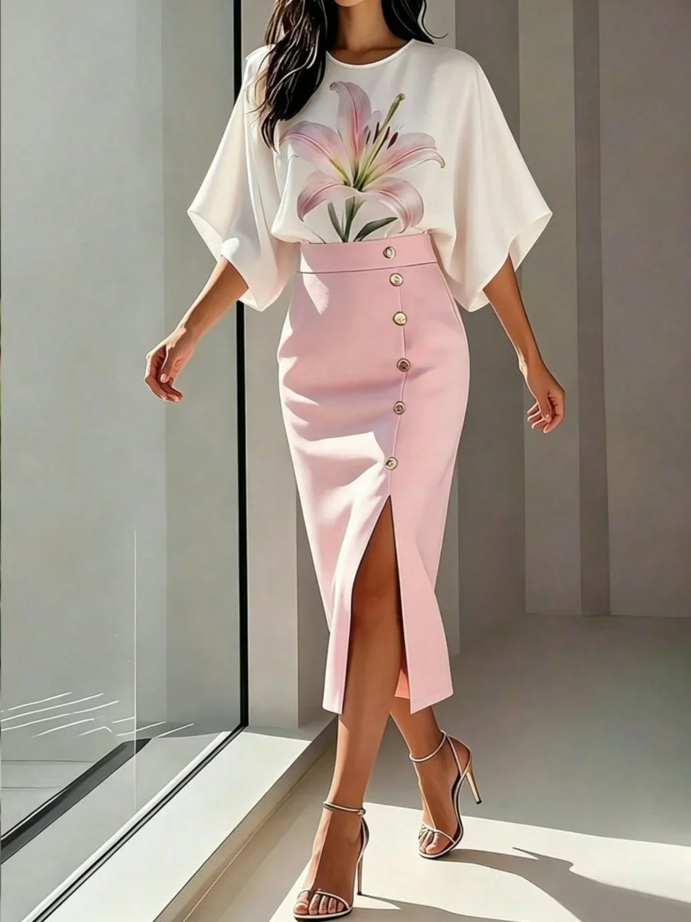 Pink Elegant Women's Lily Print Batwing Sleeve High Waist & top Two-Piece Set - Picture 3 of 4